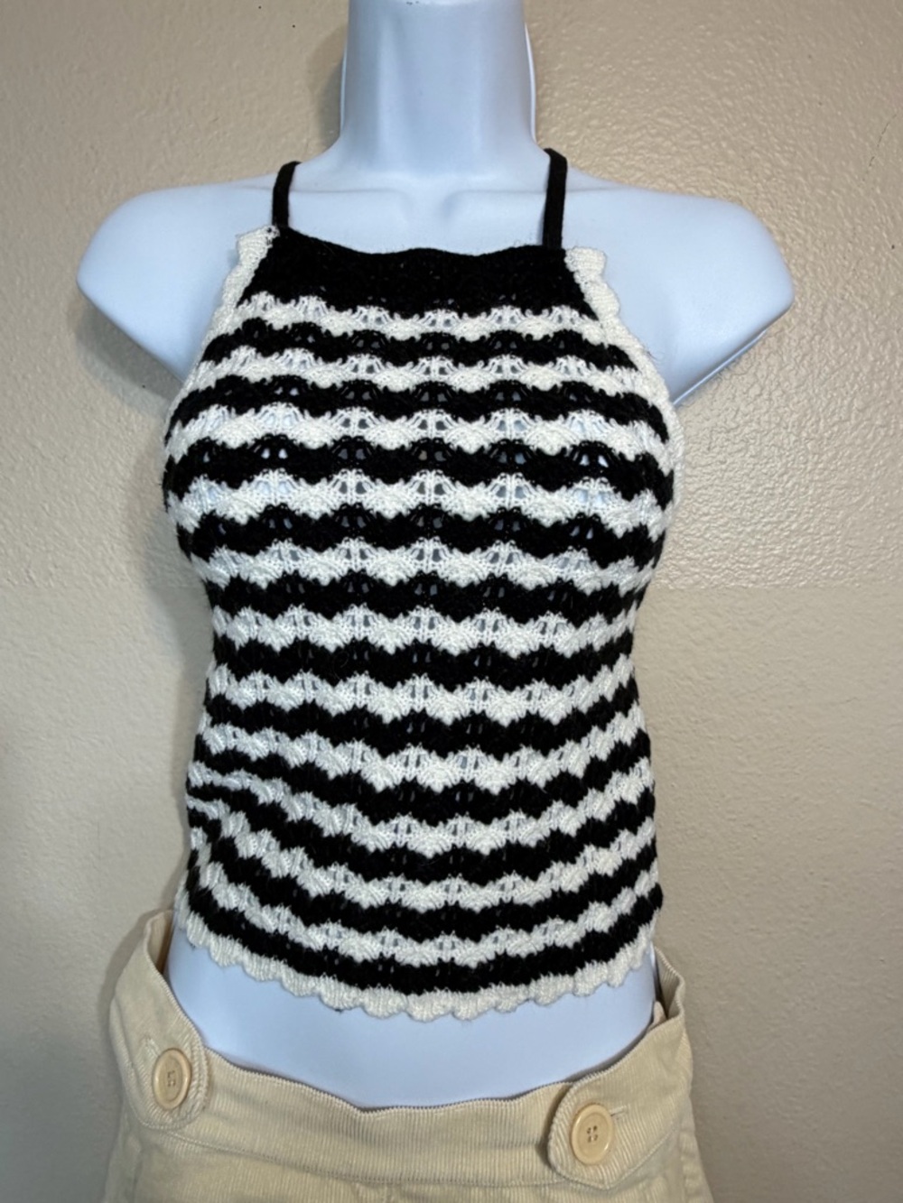 Rebellion Black and White Crochet Halter Camisole small